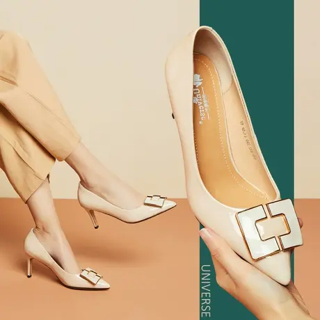 杏色女鞋春秋款单鞋女春季纯色气质优雅真皮浅口尖头细跟高跟皮鞋商品大图