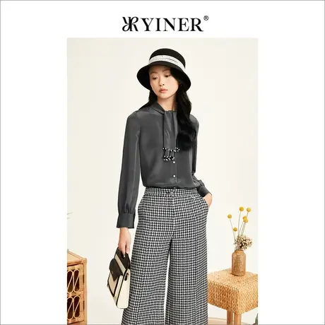 YINER音儿女装冬季钉珠法式收褶桑蚕丝衬衫质感上衣商品大图