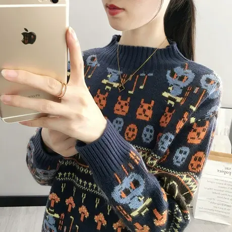 撞色半高领女式毛衣2023春装新款韩系宽松显瘦百搭提花长袖针织衫商品大图