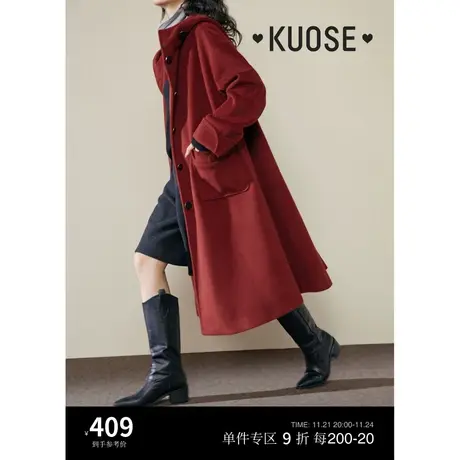 阔色红色新年斗篷长款毛呢外套女2023秋冬季新款气质连帽呢子大衣图片