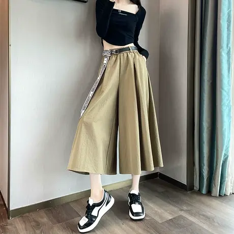 卡其色八分阔腿裤女夏季薄款高腰百搭休闲小个子宽松显瘦半身裤裙商品大图
