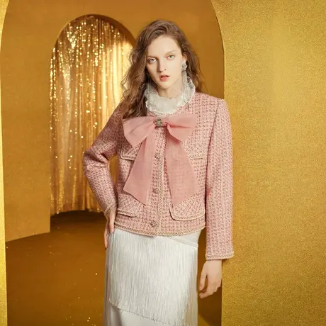 MISSCOCOON复古格纹小香风短外套女装24春季新款上衣商品大图