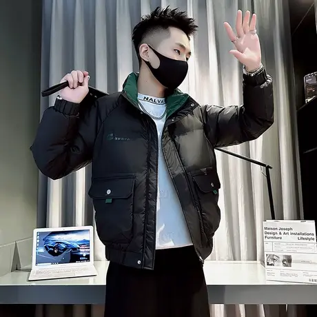 冬季拼色立领工装棉服男ins个性口袋设计感冬款潮牌简约棉衣外套图片