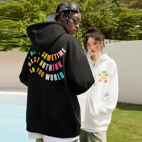 Nuthink美式刺绣字母情侣开衫卫衣潮牌男潮流宽松情侣装冬季外套商品大图