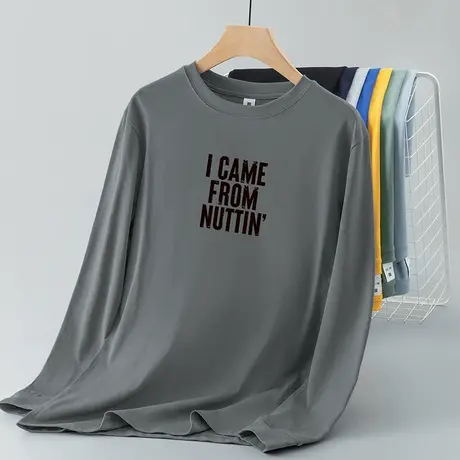 重磅纯棉t恤男士长袖宽松内搭上衣服全棉圆领打底衫印花秋衣小衫商品大图