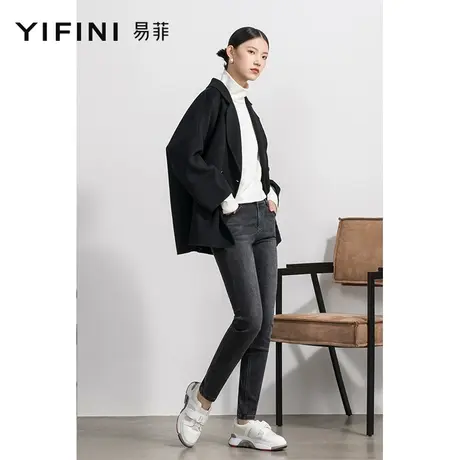 Yifini/易菲秋冬加绒牛仔裤水洗黑色小脚加厚保暖长裤女显瘦弹力商品大图