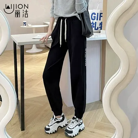 丽洁灰色休闲运动裤女春秋款2023年新款黑色束脚裤子高腰宽松卫裤商品大图
