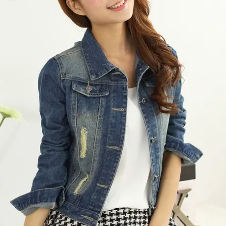 牛仔外套女短款修身韩版潮显瘦小个子长袖春秋牛仔服上衣大码深蓝商品大图