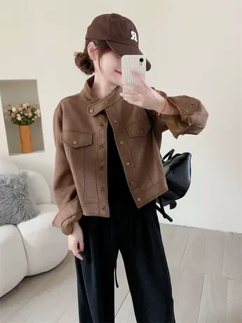 港风复古长袖短款小个子夹克外套女秋季新款宽松设计感机车服上衣商品大图