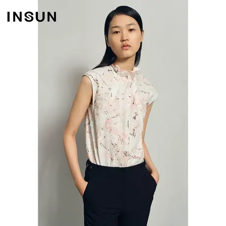 恩裳夏季无袖感褶皱粉色雪纺衫图片