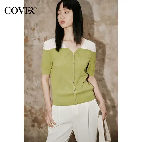 COVER夏季竖条真丝棉混纺撞色针织衫图片