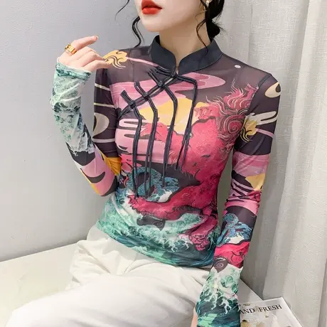 国潮风女装复古盘扣立领T恤长袖时尚洋气网纱上衣设计感印花小衫商品大图