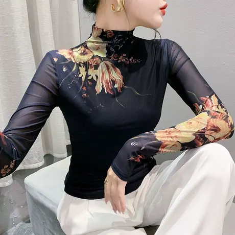 性感半高领T恤女长袖秋季新款2024网纱上衣洋气修身扎染印花小衫商品大图