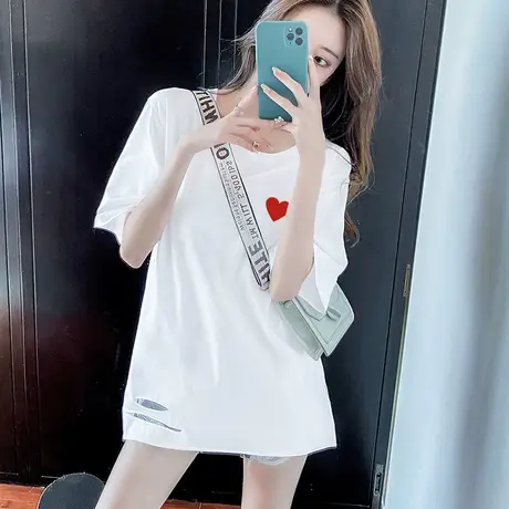中长款短袖t恤女2024夏季新款宽松设计感小众破洞遮屁股打底上衣图片