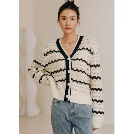 弥古法式小香风镂空针织衫女秋季v领条纹上衣高级感宽松毛衣开衫商品大图