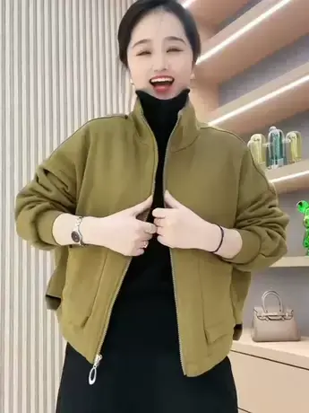 20223秋季新款纯色夹克上衣立领大口袋拉链宽松休闲百搭短外套女商品大图