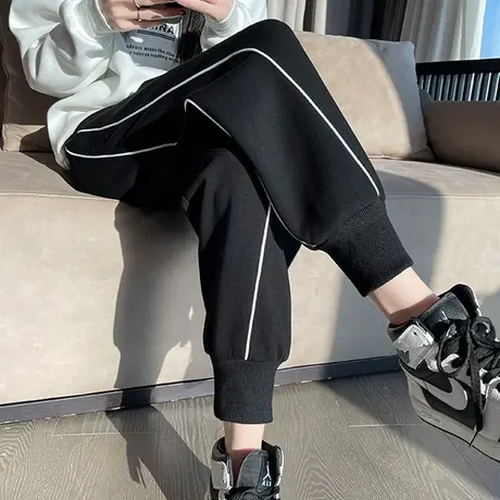 加绒运动裤女秋冬季2023新款高腰宽松黑色显瘦休闲小个子束脚卫裤商品大图