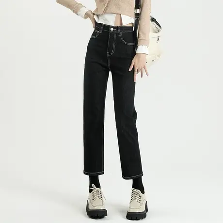 黑色高腰烟管裤女2023新款秋季女裤显瘦裤子小个子九分直筒牛仔裤商品大图