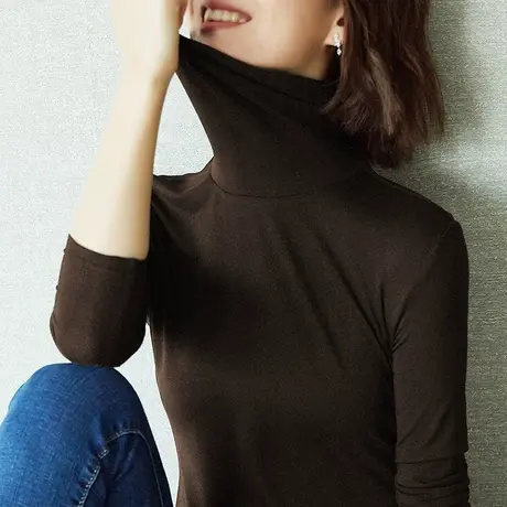 莫代尔咖啡色高领T恤打底衫女士长袖保暖上衣洋气显瘦堆堆领体恤商品大图
