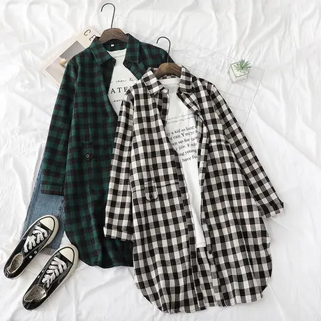 黑白格子衬衫女长袖中长款韩版宽松学生春秋外套百搭复古港味外穿商品大图