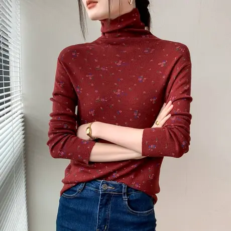 歌倍尚小碎花羊毛打底衫女2023秋冬新款内搭法式高领长袖针织上衣商品大图