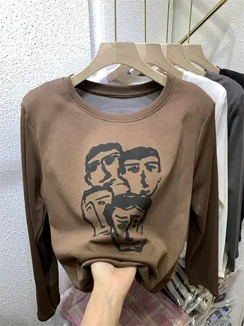 人物印花圆领卫衣女春秋2023年新款休闲套头衫短款高腰上衣ins潮商品大图