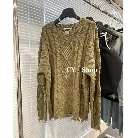 韩国东大门秋季新款宽松中长款麻花破边洋气百搭圆领针织毛衣女潮商品大图