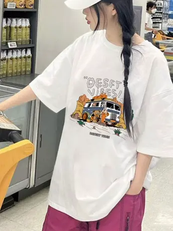 白色仿棉短袖t恤女夏季2023新款小众设计感学院运动风卡通上衣服图片