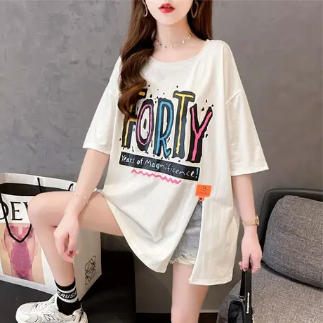 短袖t恤女夏季韩版宽松大码中长款设计感小众不规则开叉上衣服潮商品大图