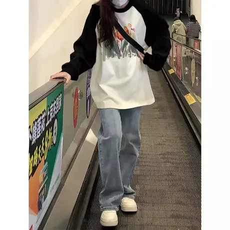 长袖T恤女2023秋季新款宽松韩版显瘦纯棉打底衫撞色插肩袖上衣潮商品大图