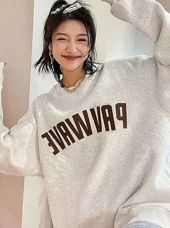 港风chic复古大码宽松加绒卫衣女ins潮牌秋冬保暖高街风简约上衣商品大图