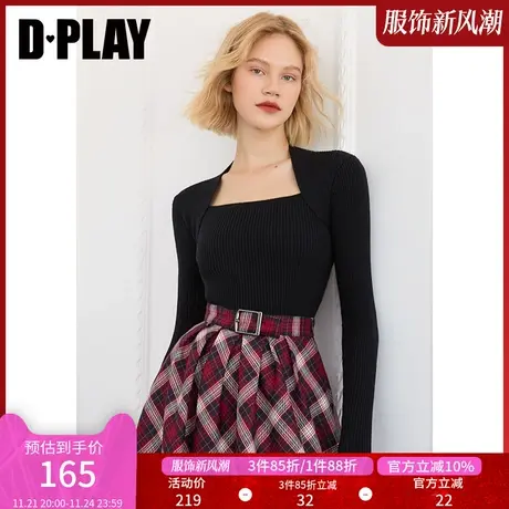 DPLAY秋装新款法式复古方领修身针织上衣赫本风黑色简约打底衫商品大图