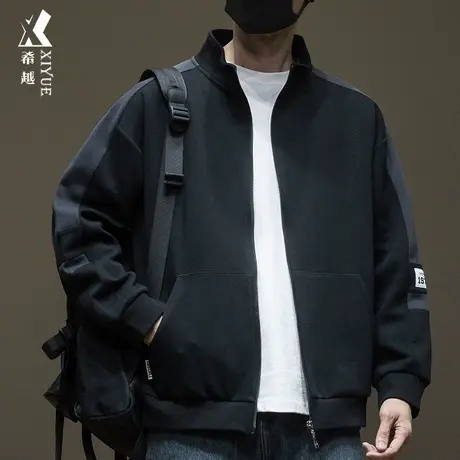 重磅320g休闲开衫卫衣男春秋拼接撞色宽松大码胖子280斤加绒外套商品大图