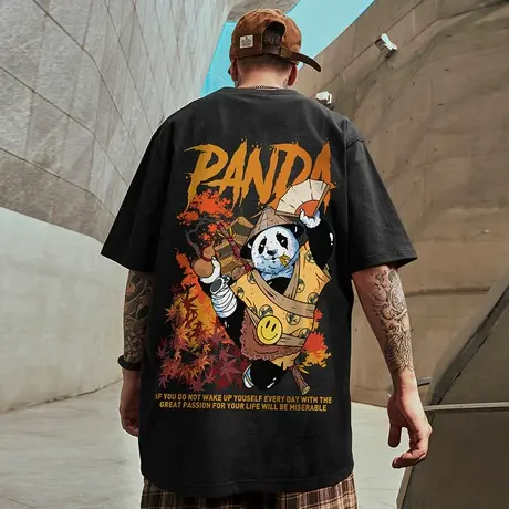 潮牌宽松T恤胖子短袖加肥加大五分半袖纯棉国潮熊猫大码男装夏季商品大图