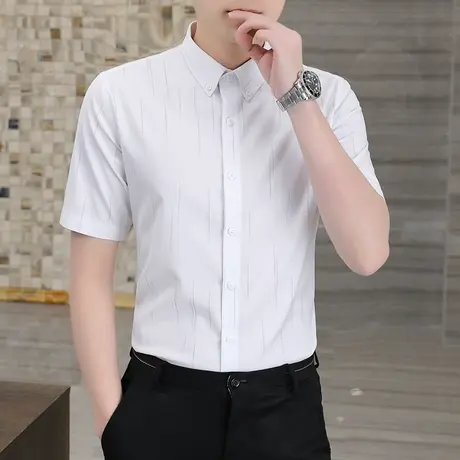 夏季商务职业装男士短袖条纹衬衫高级感英伦免烫休闲潮流修身衬衣图片
