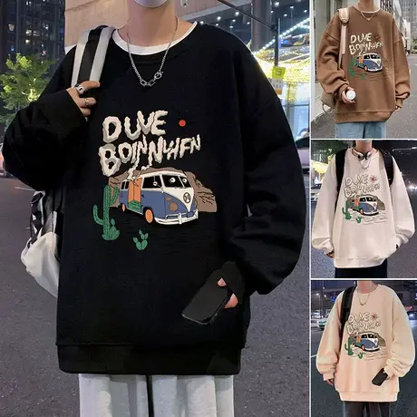 复古巴士长袖圆领卫衣男春秋季2024新款套头宽松加绒加厚打底衫潮商品大图