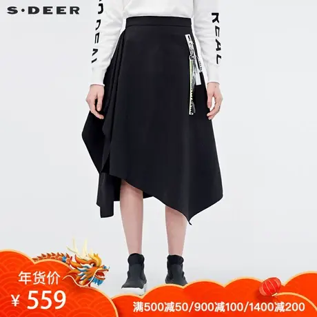 sdeer圣迪奥女冬季酷感飘带字母印胶不规则摆半身长裙S18481185图片
