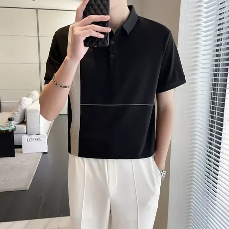 撞色POLO衫男短袖ins潮牌半袖T恤2023新款半截袖夏季男装休闲体恤商品大图