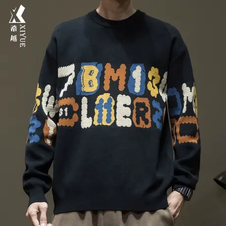 希越美式百搭潮牌圆领毛衣男春季多色字母提花男士宽松大码针织衫图片