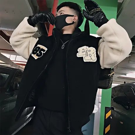 摇粒绒棉服男冬季新款撞色字母刺绣设计感重磅加厚冬装羊羔毛外套商品大图