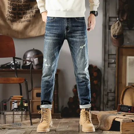 秋冬款潮牌破洞牛仔裤男弹力修身小脚裤高端水洗百搭休闲长裤子男商品大图