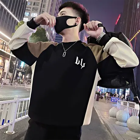 撞色卫衣男ins潮牌痞帅长袖T恤2023新款男装打底衫春秋季个性外套商品大图