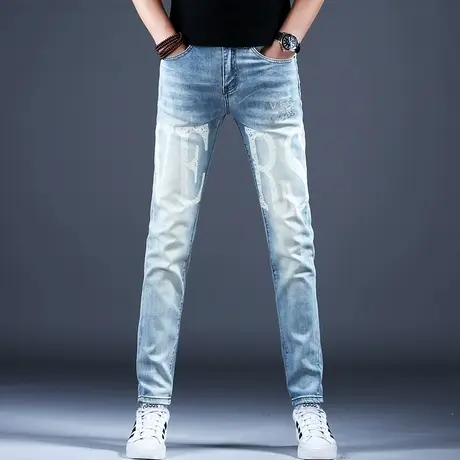 欧洲站印花牛仔裤男款时尚修身烫钻小脚修身裤子潮流2024新款春秋商品大图