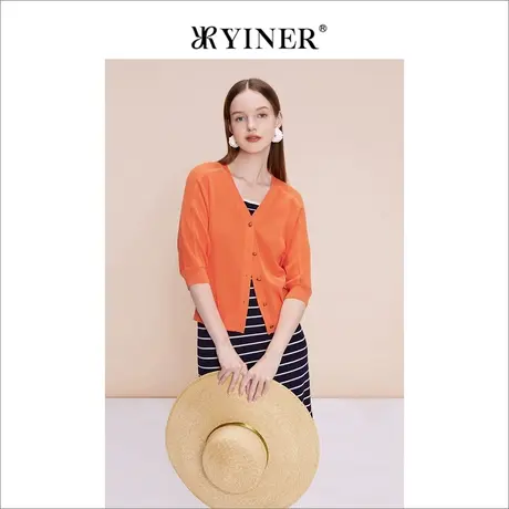 YINER音儿女装夏季女装五分袖V领时尚橙红针织开衫商品大图