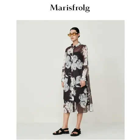 玛丝菲尔22年春季新款黑色碎花长袖衬衫连衣裙长款图片
