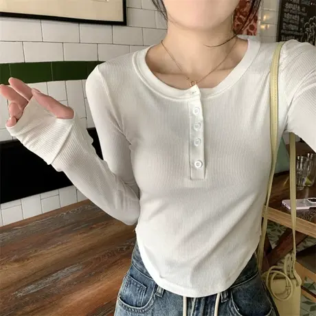 早春纯欲风设计感长袖t恤女2023春秋韩版修身内搭短款打底衫上衣图片
