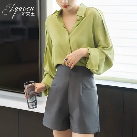 衬衫上衣女春秋季新款气质通勤职业打底宽松休闲雪纺绿色长袖衬衣图片