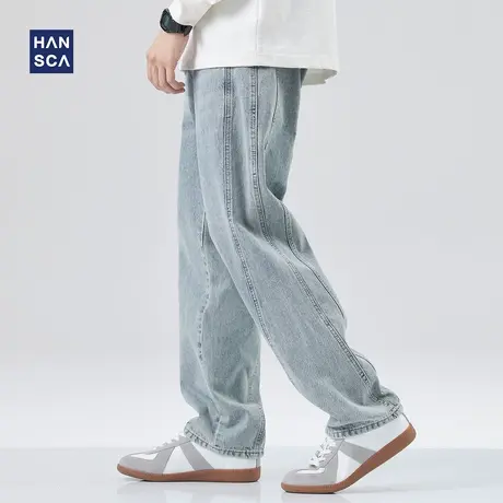 hansca牛仔裤潮牌男宽松大码2023年春季休闲水洗做旧蓝色直筒长裤图片