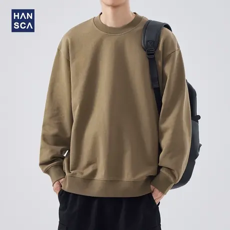 hansca秋季重磅美式卫衣男士宽松圆领加厚无帽纯色秋冬款上衣外套商品大图