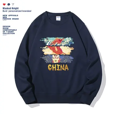 秋季中国风潮牌国潮印花圆领卫衣男薄款圆领宽松休闲无帽套头上衣图片